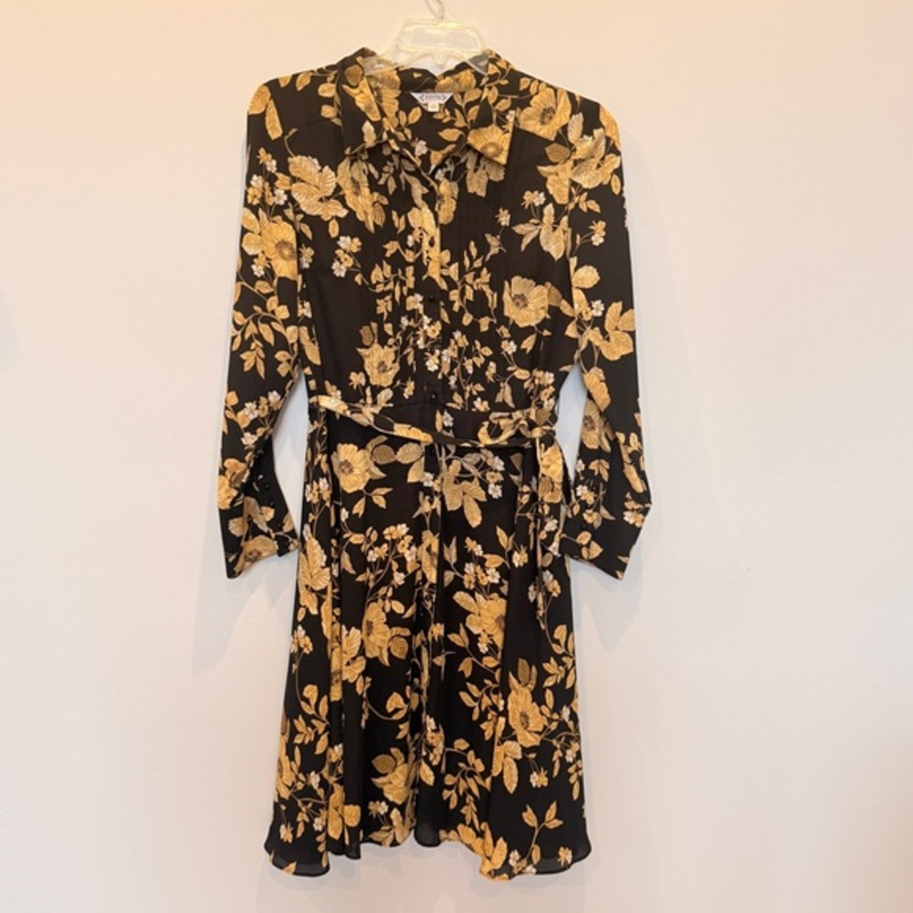 Nanette Lepore Sz 14 Brown Floral Midi Dress BOHO pleated button up belt AZ